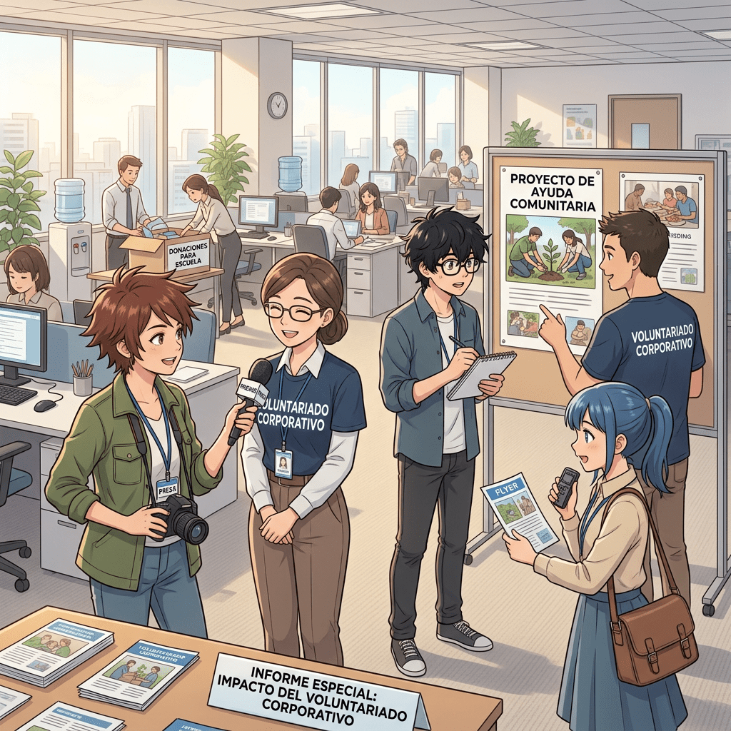 People discussing corporate volunteering impact report with posters and flyers in office