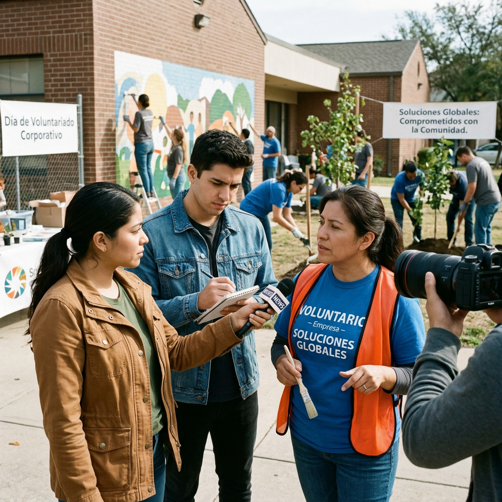 Volunteer in orange vest interviewed about community service by reporters with microphone and notepad